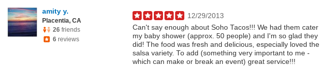 SOHO TACO Gourmet Taco Catering - 5 Star Yelp Review